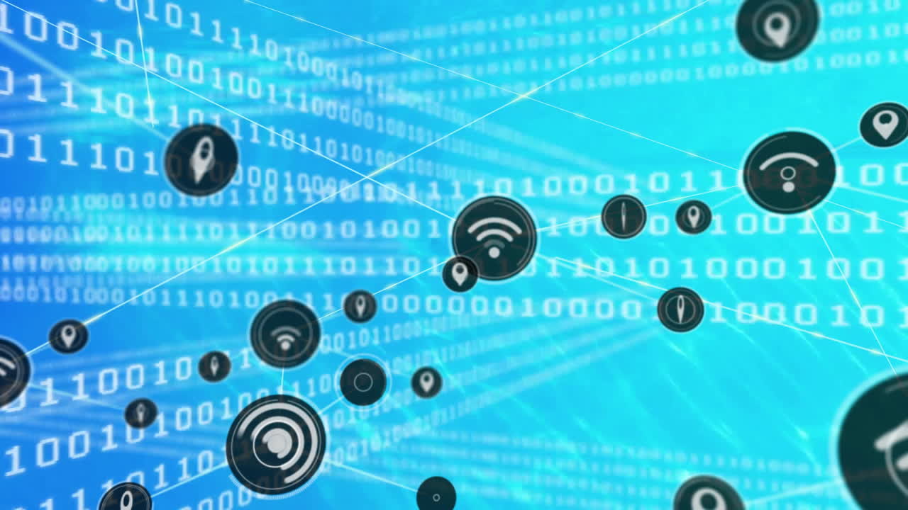 Animation of network of connections with icons over data processing on blue background