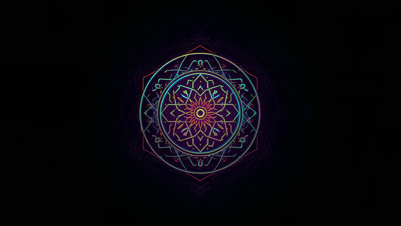 Playback starting, mandala expanding on black screen, neon rings shifting to form final jagged ring