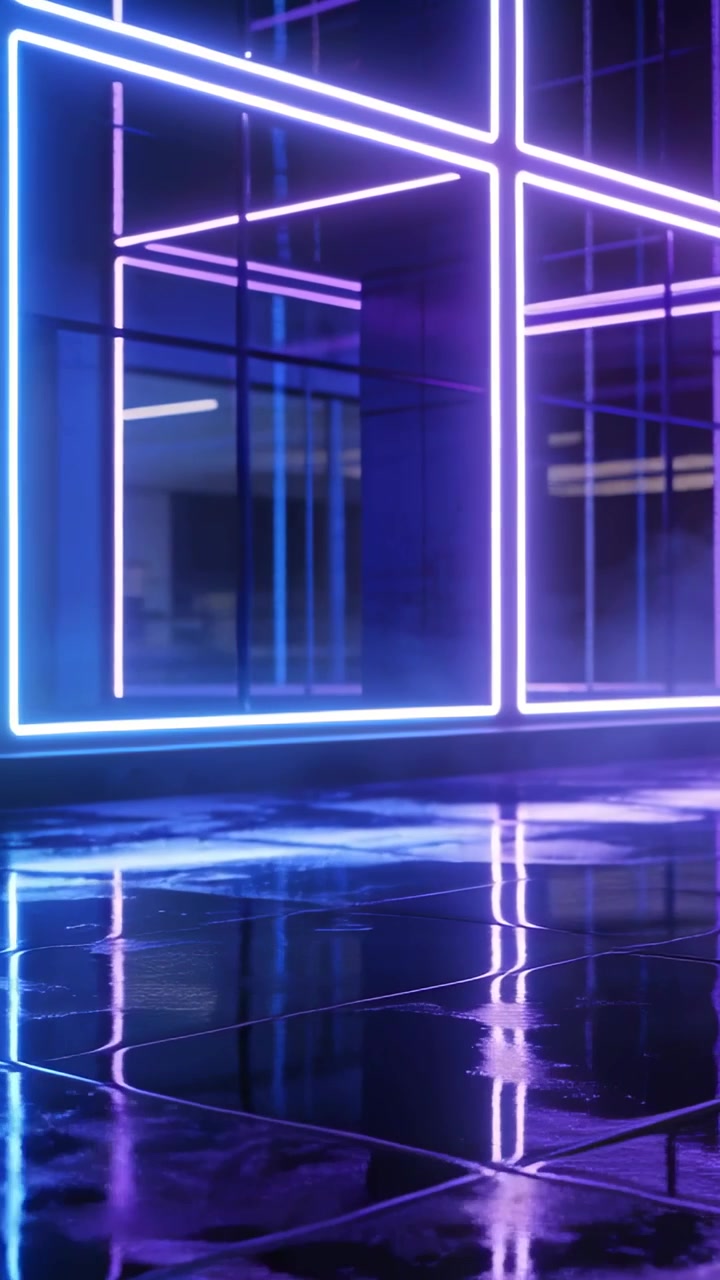 Video verticale: Telecamera che effettua una lenta panoramica rivelando una parete di vetro al neon in uno showroom, mostrando dettagli interni.