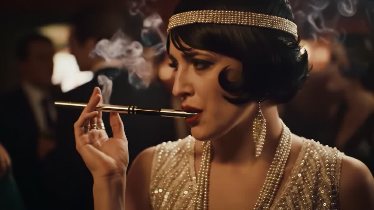 Glamour and Elegance: A Stylish Woman Exudes Mystery and Confidence with a Cigarette Holder in a Smoke-Filled Room Amidst Vintage Jazz Ambiance