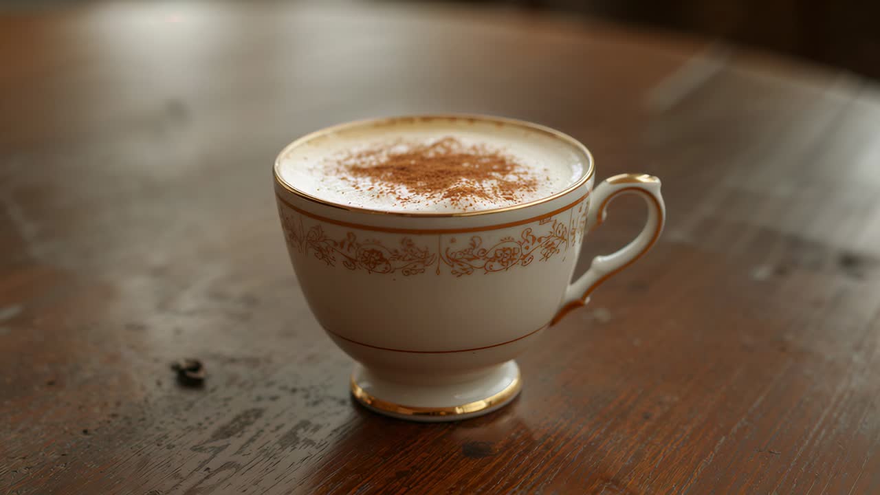 Sprinkling offscreen hand adding cocoa to garnish foam on gold-banded teacup on table, bean