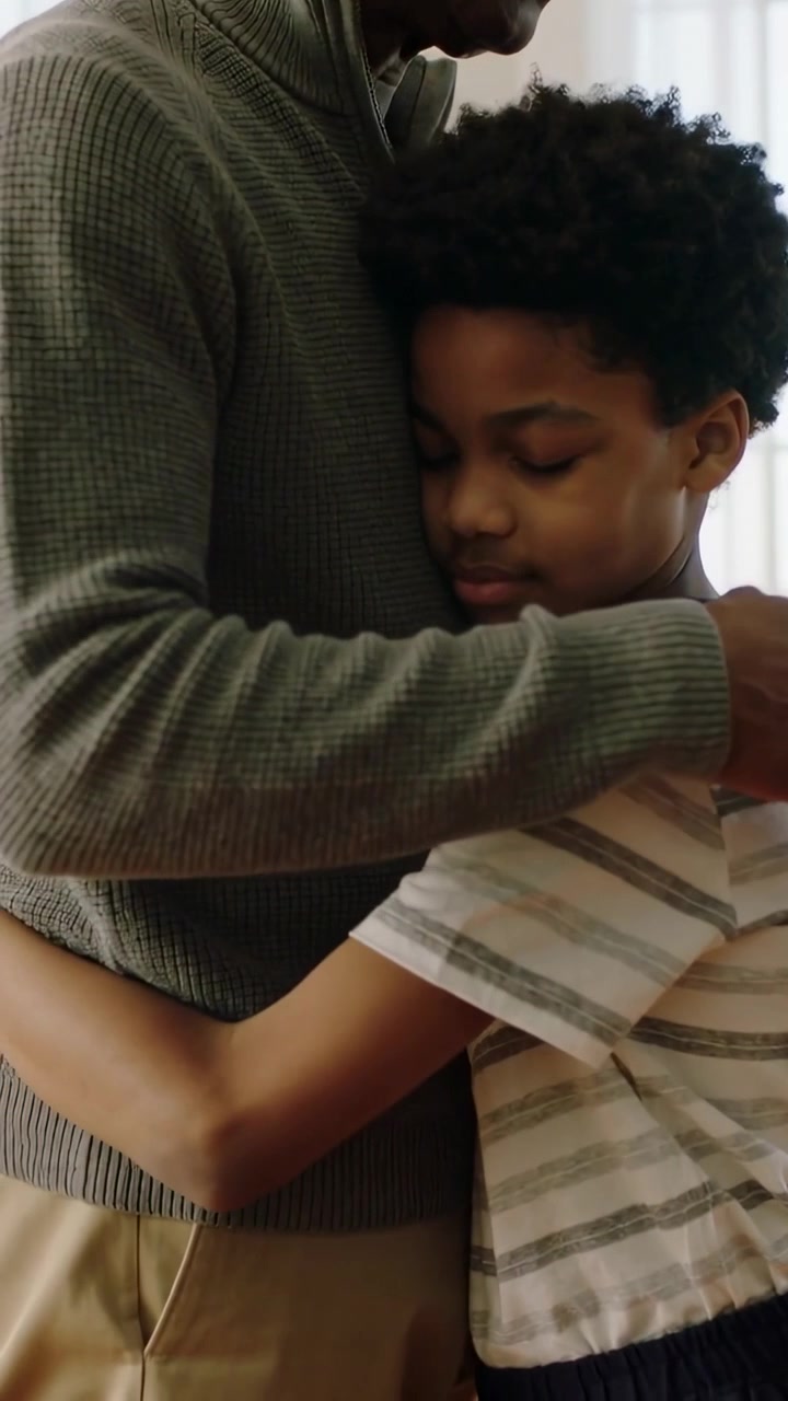 Vertical video: Placing hands on son's shoulder, dad hugging son for comfort at home, green sweater