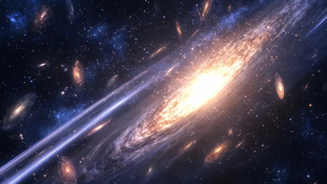 Una scena video cosmica che mostra una galassia a spirale con nucleo luminoso, ripresa da un angolo inclinato
