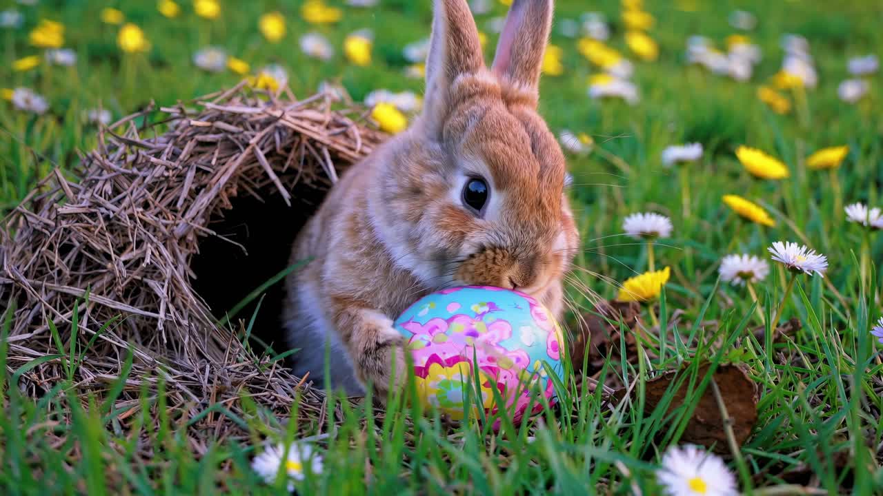 A cute rabbit holding a colorful egg in a meadow, captured from a low-angle, close-up shot