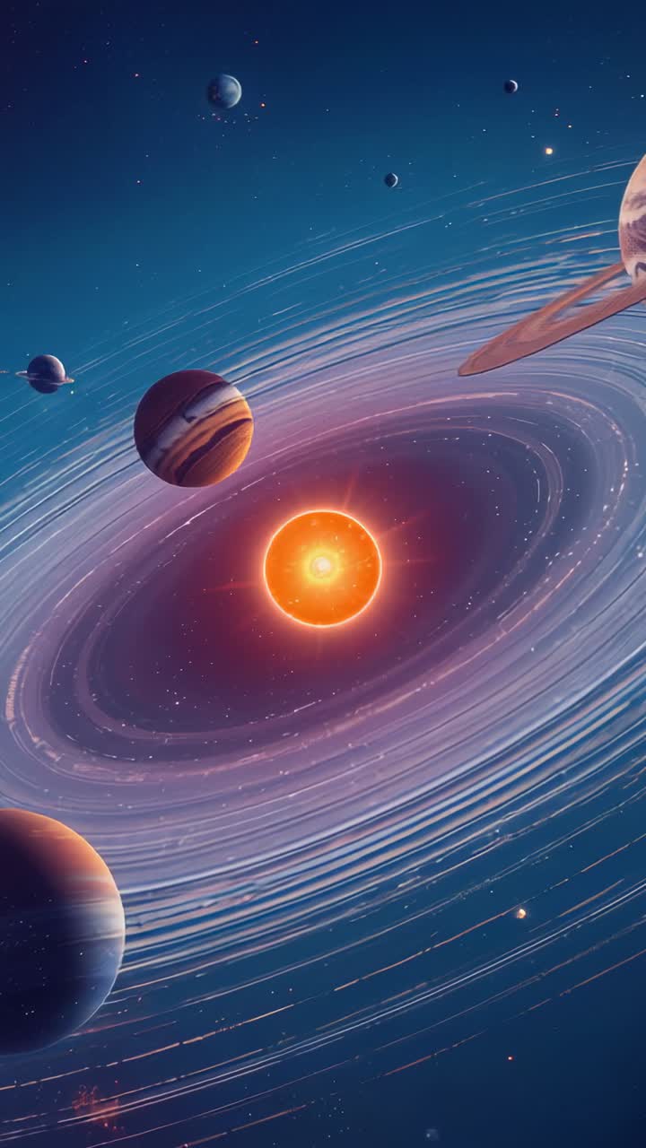Vertical video: Animating star spinning in space showing glowing star ring and orbiting planets