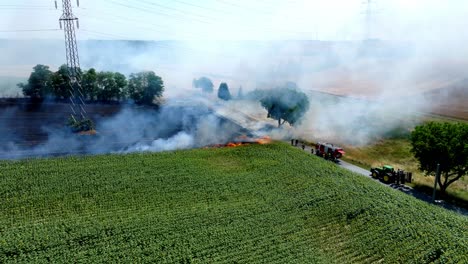 fire truck at burning field with smoke - aerial drone shot