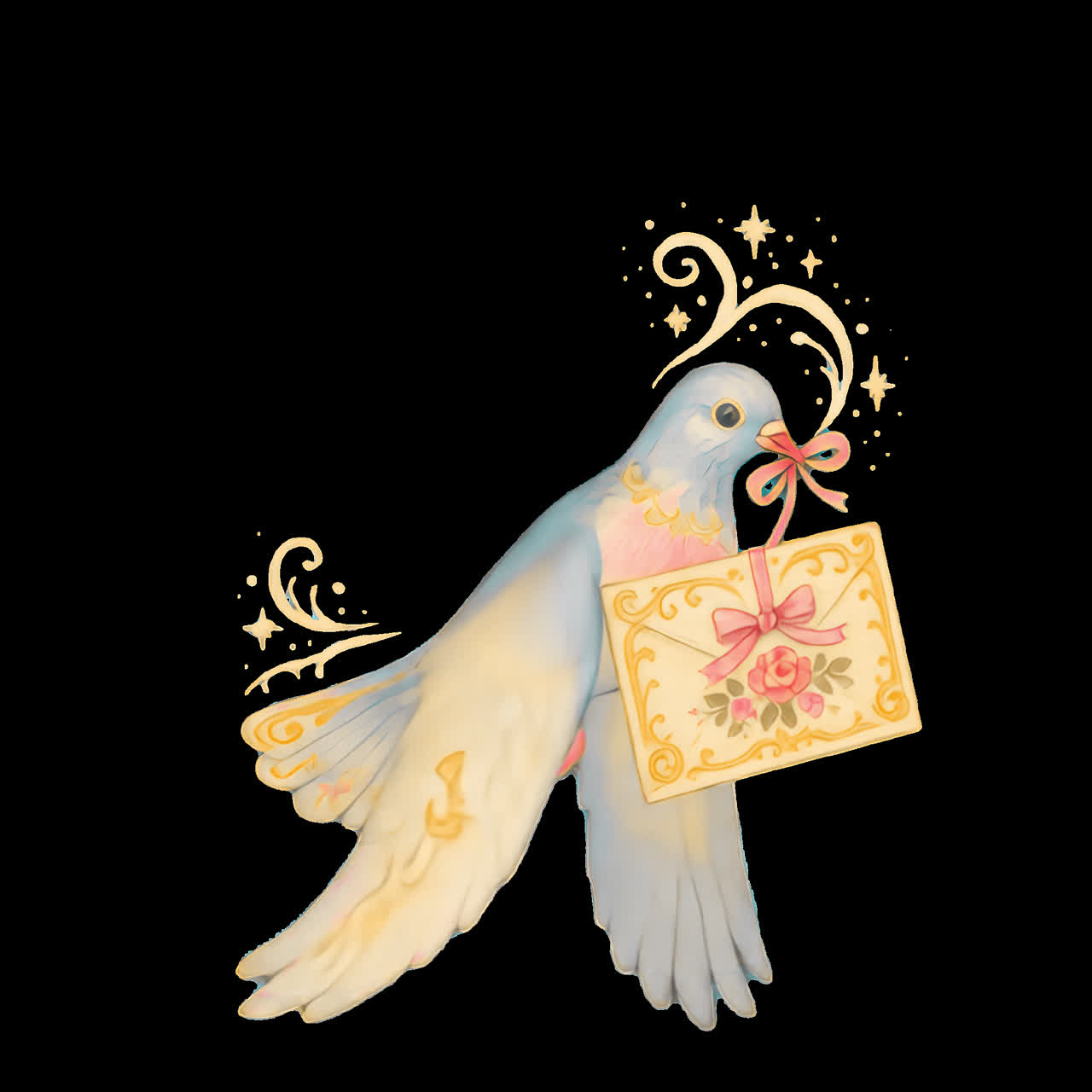 Whimsical dove delivering letter animation isolated asset, transparent 4K video, alpha channel