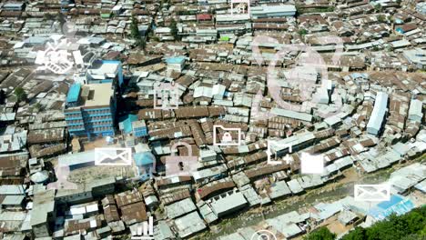 birdseye aerial view of kibera slum, tedchnology concept of shanty poor neighborhood of nairobi, kenya