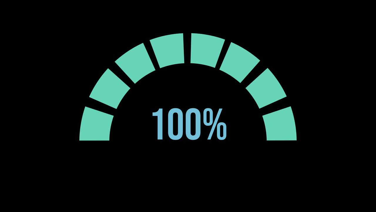 Circular percentage bars increment from 16% to 100% over 8 seconds. Smooth transitions, teal and gray segments, black background