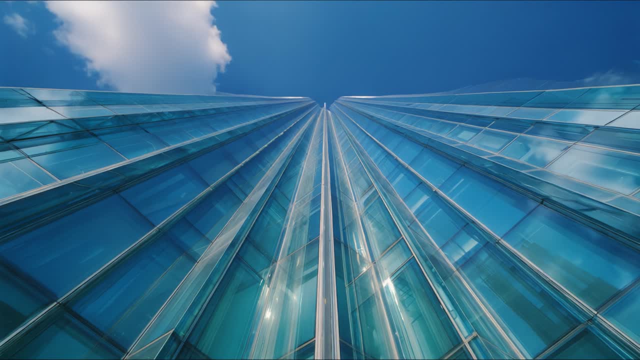 Uma Perspectiva Deslumbrante da Arquitetura Moderna: O Design Único de um Arranha-Céus de Vidro Alcançando um Lindo Céu Azul Repleto de Nuvens Leves