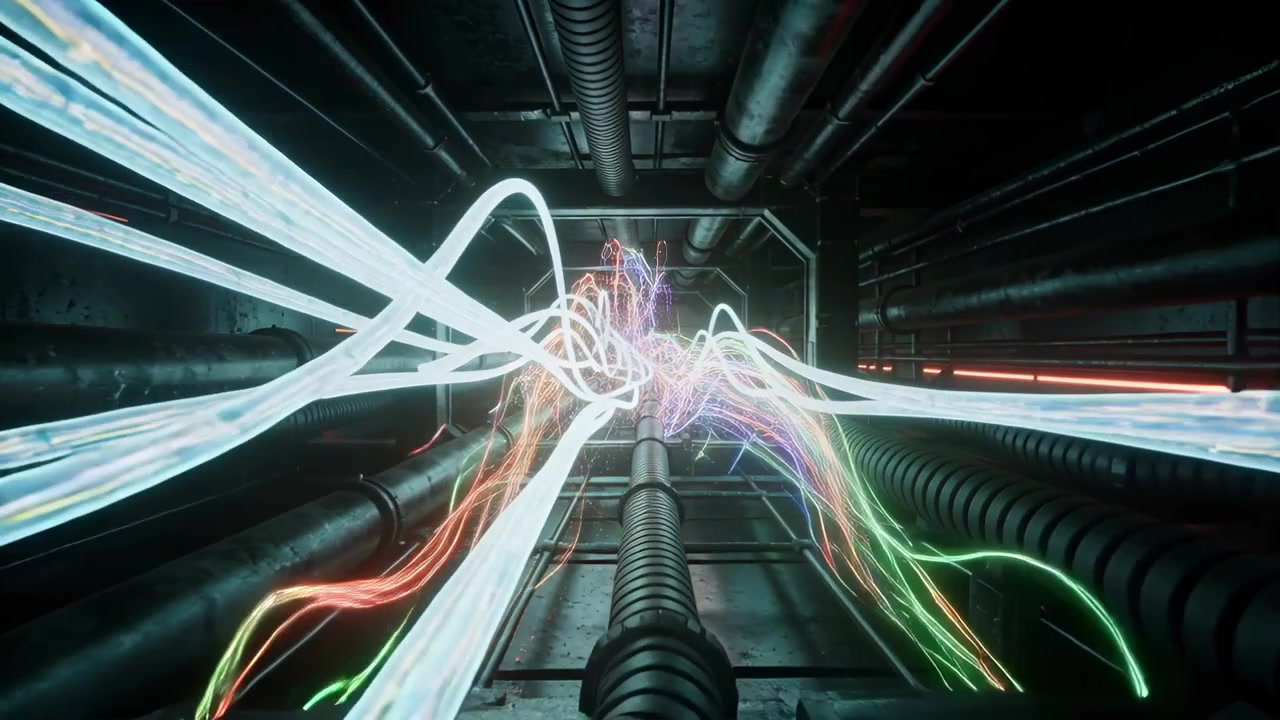 Converging energy ribbons pulsing and growing inside metal tunnel, creating flare lighting pipes