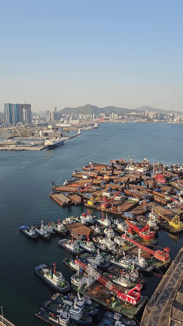 Vertical - expansive Busan Port with numerous docked ships, cranes, and the distant city skyline backed by mountains in Busan, South Korea - aerial view