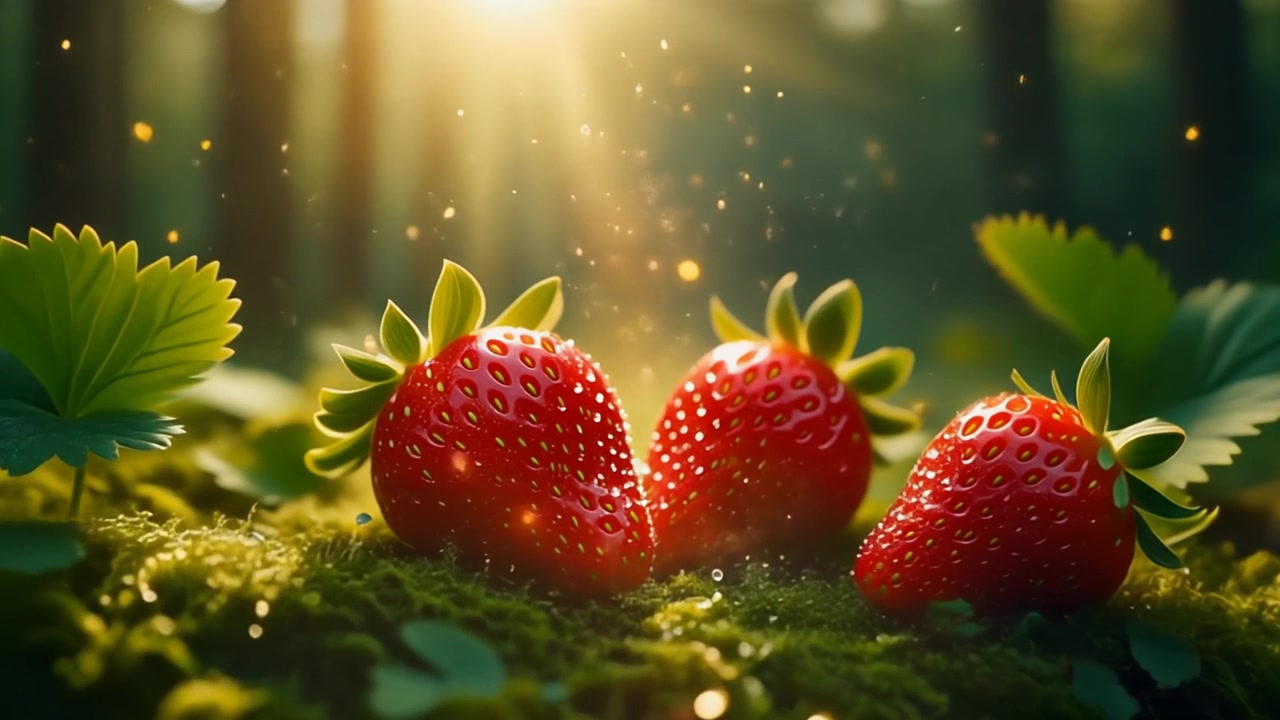 Frische Erdbeeren liegen auf moosigem Waldboden im goldenen Sonnenlicht.