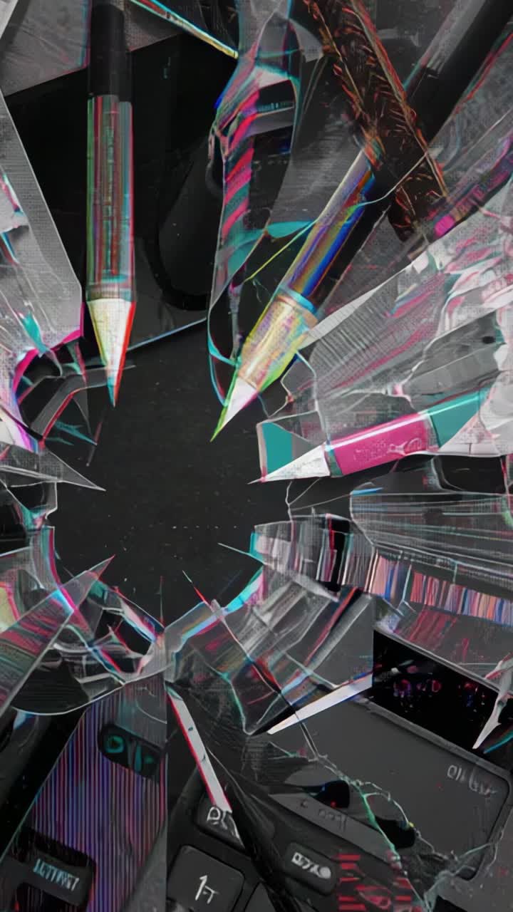 Vertical video: Looping colored pencil tips radiating glass shards in art space with glitch shifts