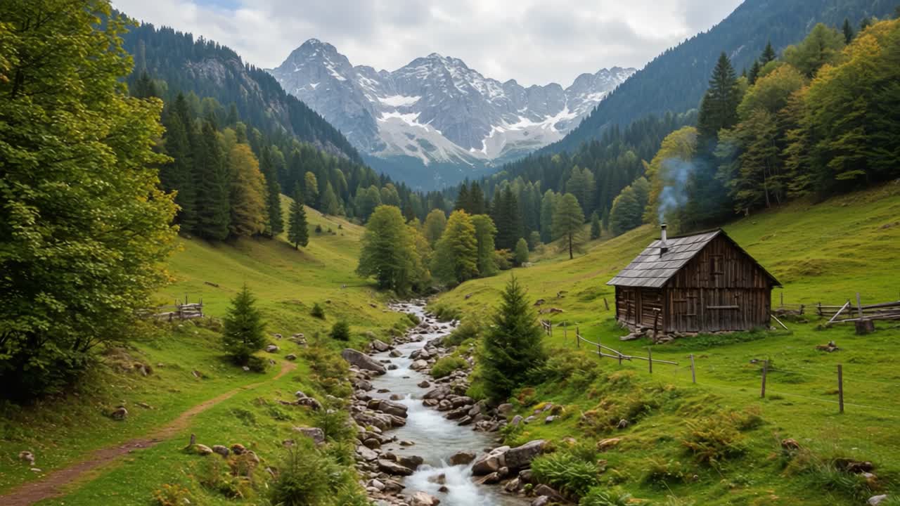 Serene Mountain Landscape Featuring a Rustic Cabin by a Gently Flowing Stream Surrounded by Lush Greenery and Majestic Peaks
