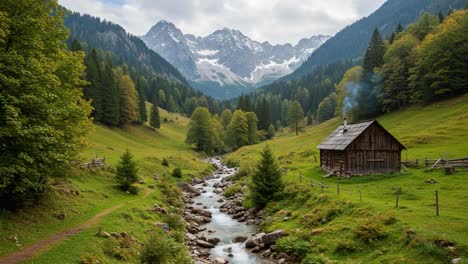 serene mountain landscape featuring a rustic cabin by a gently flowing stream surrounded by lush greenery and majestic peaks