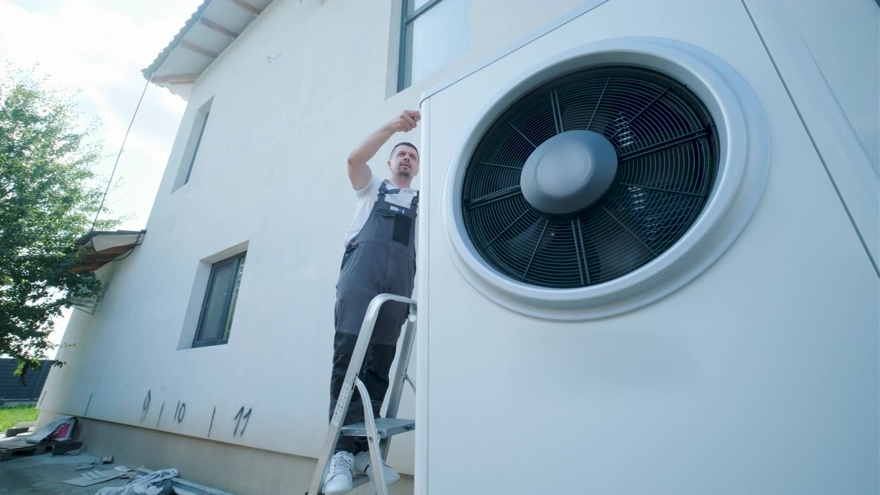 Monteur installeert warmtepomp aan de buitenkant van een woonhuis