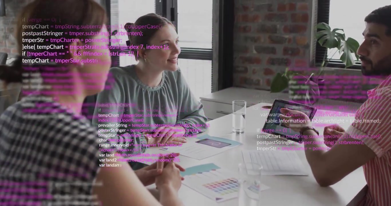 Team sitting business meeting, man tapping tablet causing magenta overlay obscuring charts and team
