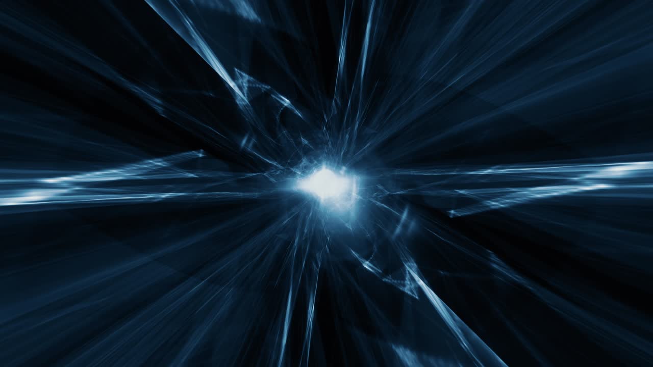 4K 3D dark blue plasma energy tunnel. Sci-Fi Flying in Tunnel of Light. Fly Through Wormhole or Time Vortex Portal or Gateway. Blue shine rays explosion futuristic tunnel background. Energy science.