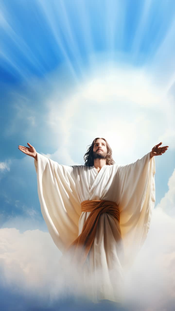 A divine figure in white robes, arms open, ascending into the sky