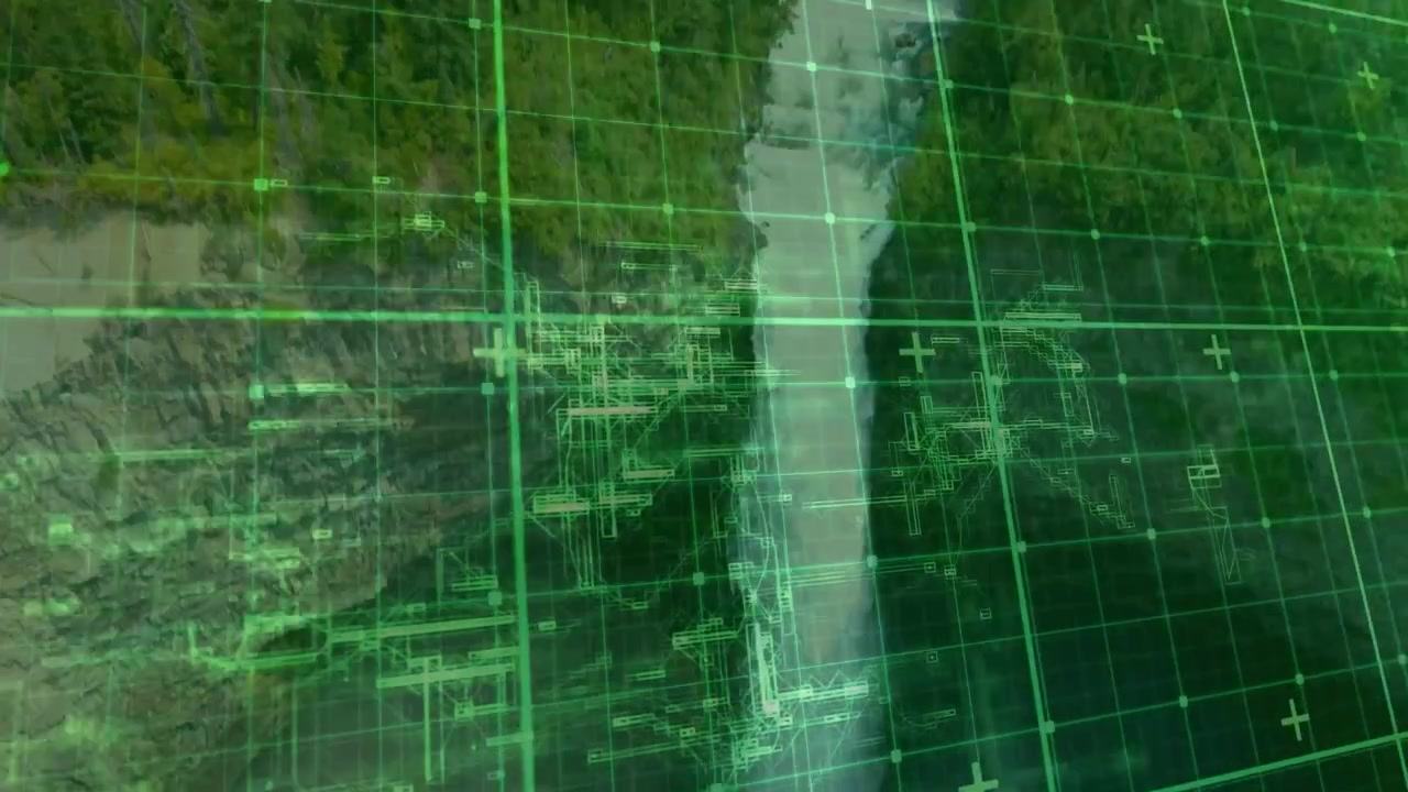 Green grid appearing over canyon, HUD schematics scanning waterfall, camera descending for mapping
