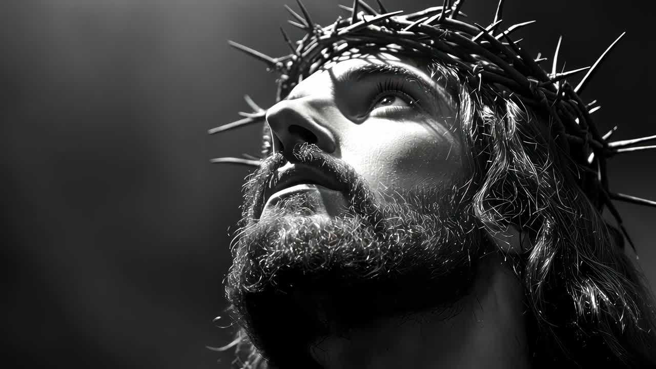Dramatic black-and-white video still of a bearded man with a crown of thorns, captured from a low