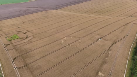 aerial view of a complex crop circle in a wheat field