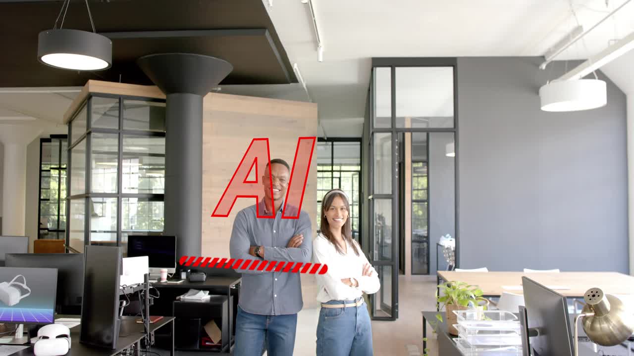 Colleagues shifting attention to camera as red AR UI panning in, glitching, showing AI progress bar