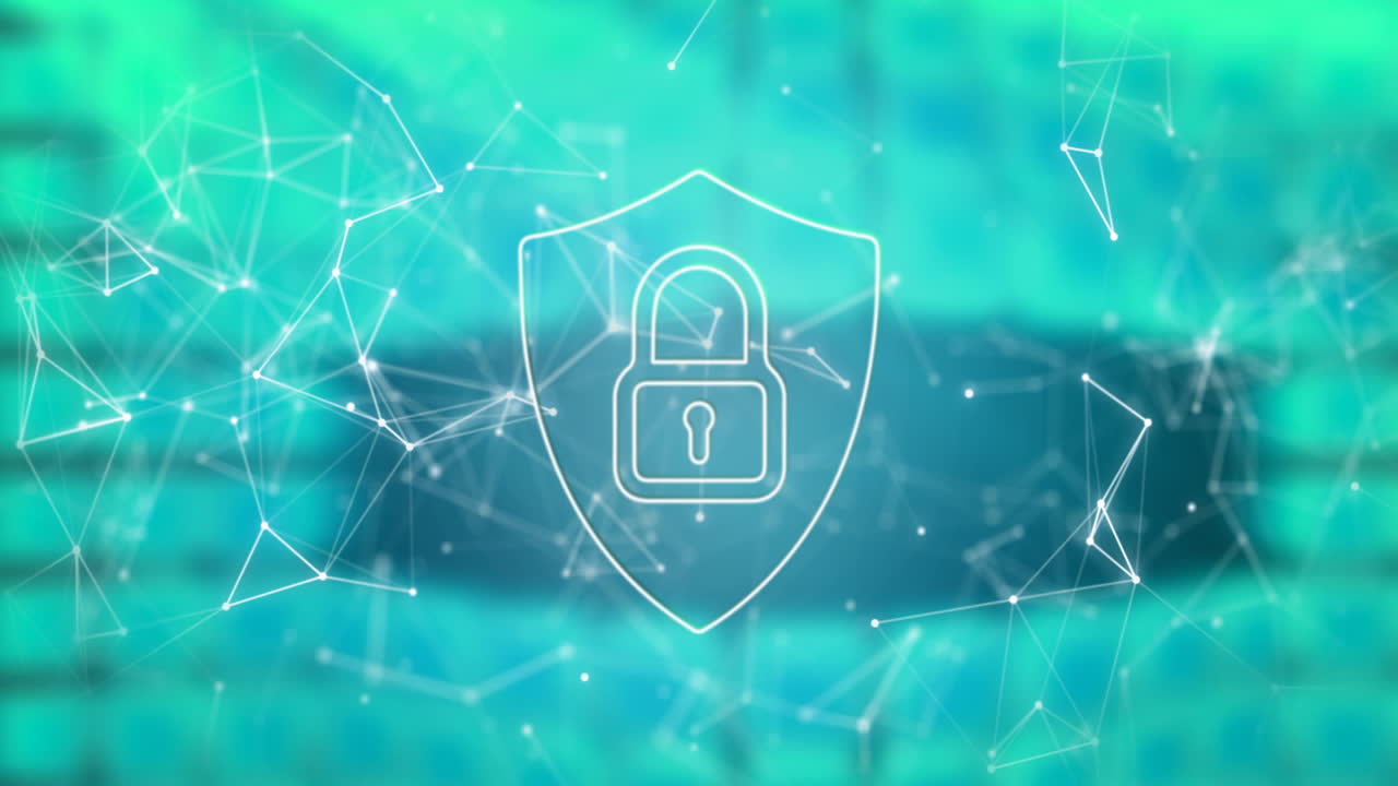 Animation of network of connections with padlock over shapes