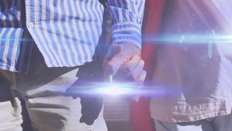 animación de la luz que se mueve sobre la sección media de la pareja mayor caminando en el parque tomados de la mano