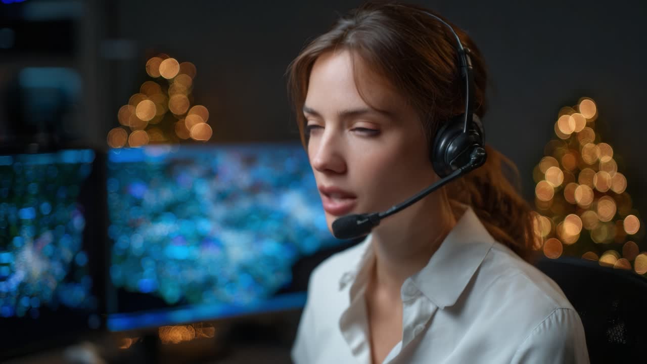 Focused Woman in Headset Engaging with Technology Amidst Soft Glow of Holiday Lights, Conveying Professionalism and Connection in a Virtual Environment