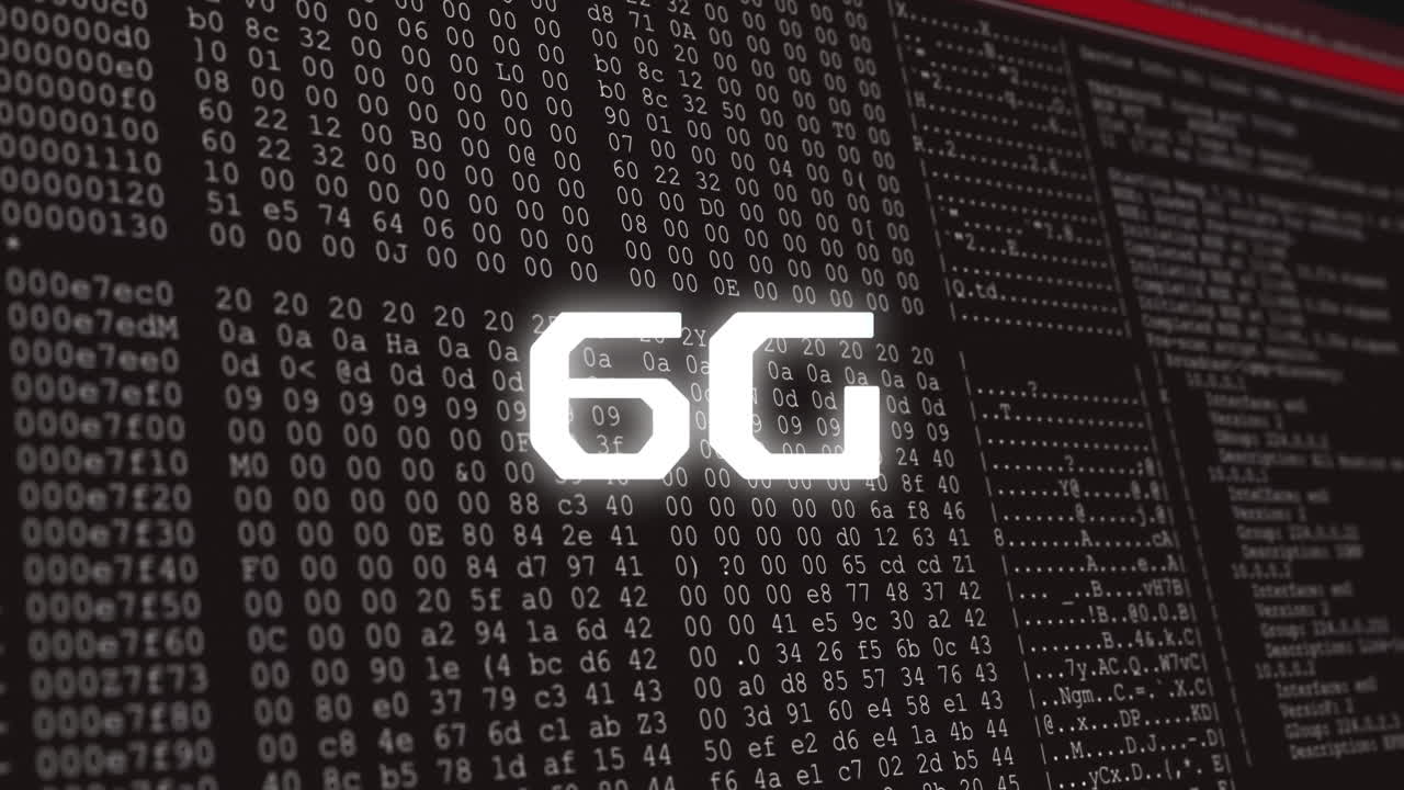 6G animation over digital binary code with data processing background