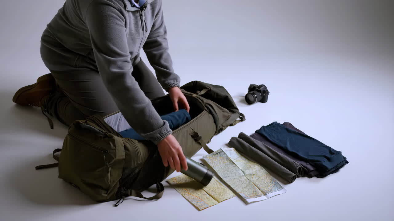 Person packing a backpack with travel essentials and gear