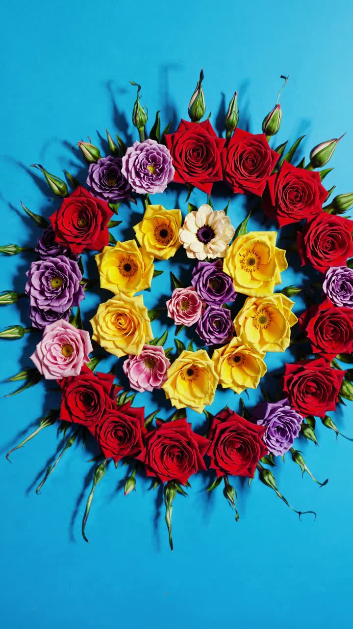Vibrant floral wreath of red, yellow, and purple flowers on blue background