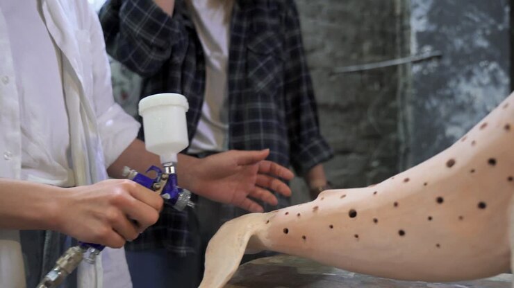 Two women painting a wooden whale sculpture in an art studio