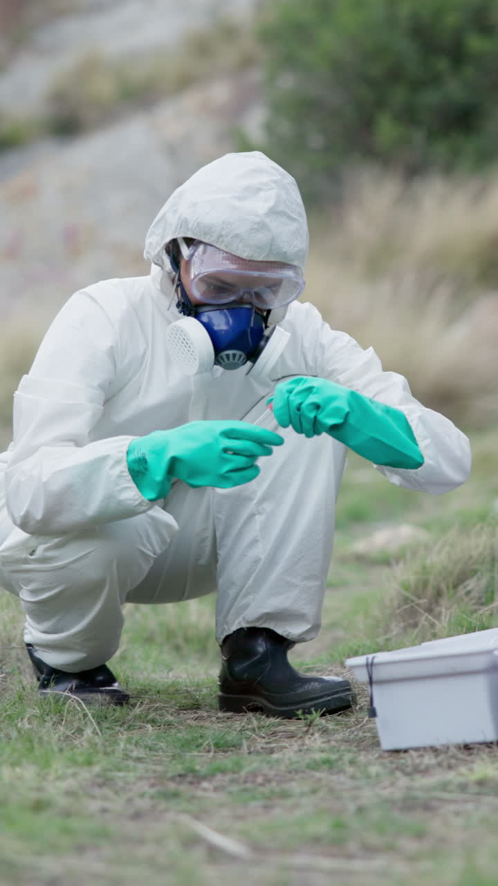 Person in protective suit taking water samples