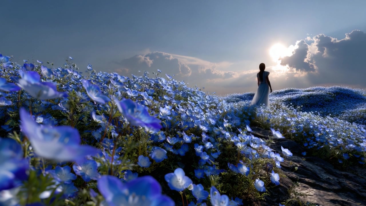A Serene Landscape of Blue Flowers Under a Majestic Sky: Embracing Nature's Beauty in the Golden Glow of the Setting Sun