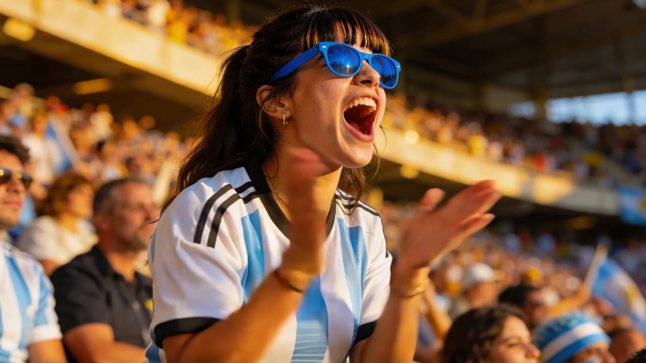 En klappende kvindelig tilskuer i Argentina-trøje råber efter en næsten-scoring på stadion, iført blå solbriller.