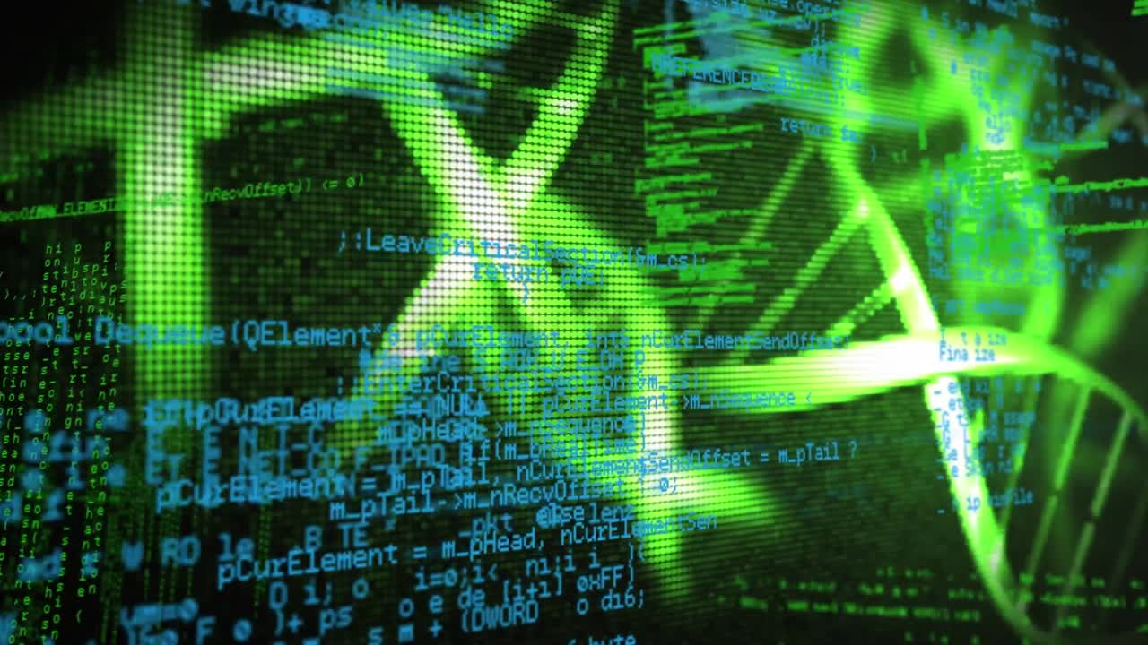 animación del procesamiento de datos y estructuras de adn verdes girando contra un fondo negro