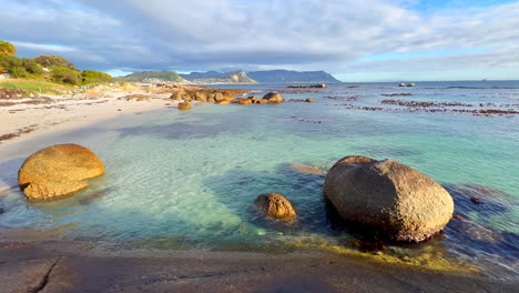 Boulder&#039;s Beach South Africa Simon&#039;s Town Penguin Colony public swimming area Water&#039;s Edge South Africa Netflick Penguins Town early morning sunrise scenic coastline Cape Town slow motion pan right