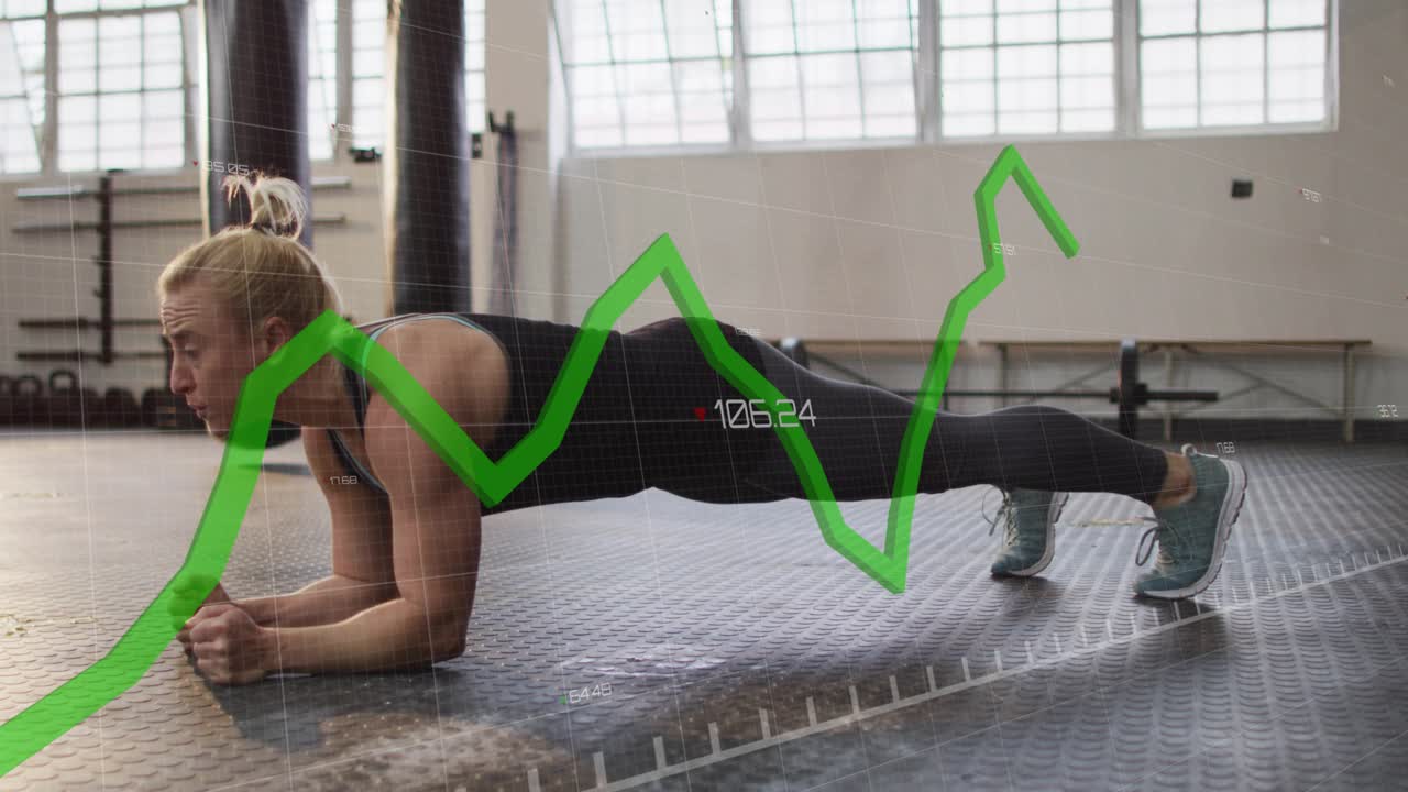Woman reaching forward, moving kneel-to-plank for core strength in fitness, green graph tracking