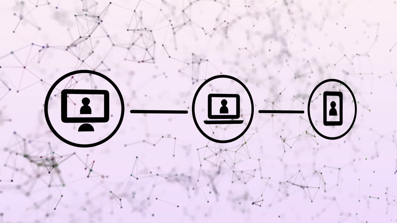 animación de tres iconos de interfaz de computadora digital negros con estructura de plexo en el fondo