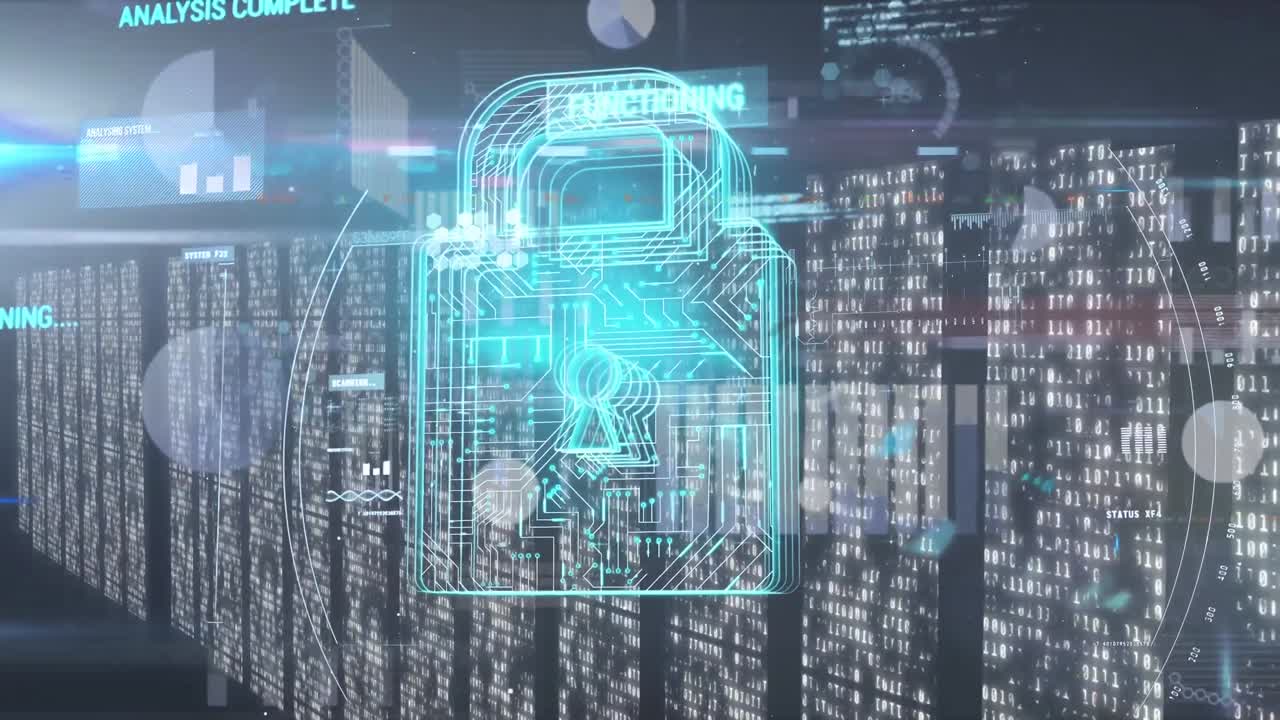 Animation of online security padlock, data processing over computer servers in background