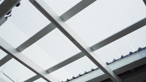 man installing transparent polycarbonate roof sheet for greenhouse