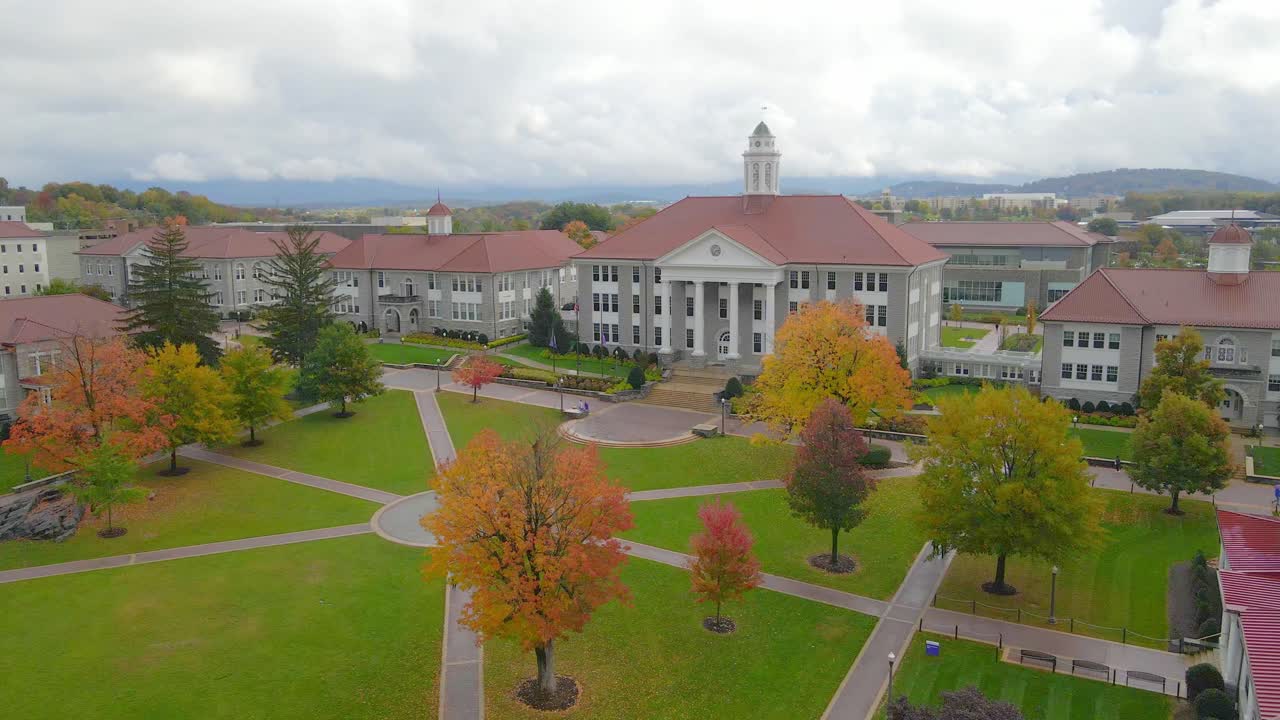An aerial shot of JMU buildings in Harrisonburg Virginia during the fall season