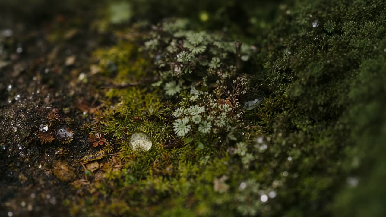 cámara desplazándose hacia la derecha sobre el microhábitat del suelo forestal, enfocándose en grupos de musgo y gotas de rocío
