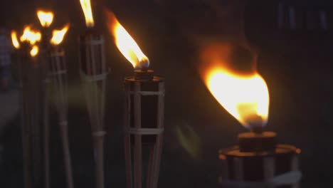 a row of burning torches next to the pedestrian path at sunset