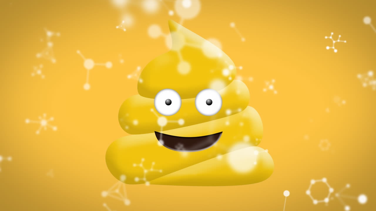 animación digital de estructuras moleculares flotando sobre el icono emoji de caca amarillo en fondo amarillo