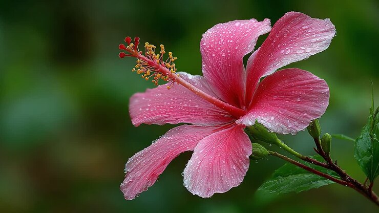A Stunning Close-up of a Pink Hibiscus Flower with Glimmering Raindrops Showcasing Nature's Beauty and Intricate Detail in a Lush Green Setting