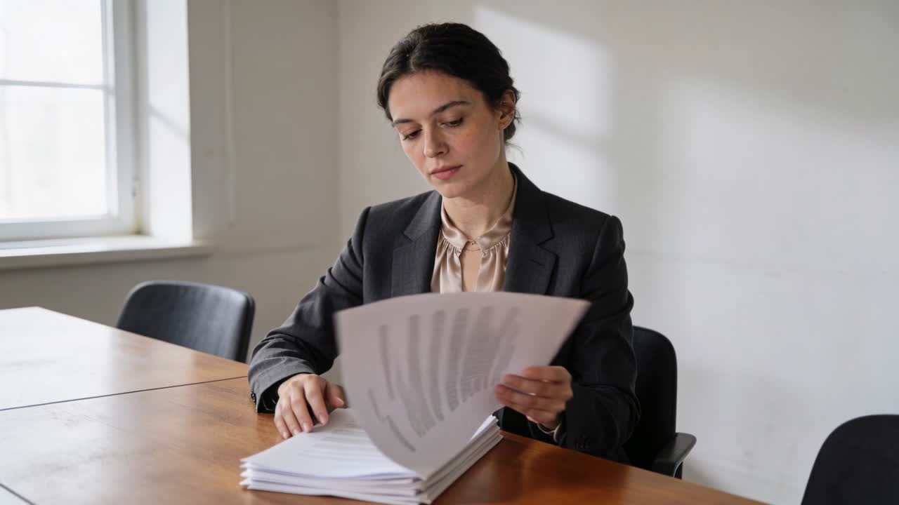 Appoggiando le mani sui documenti, donna con blazer scuro che sfoglia le pagine a un tavolo da conferenza per la revisione.